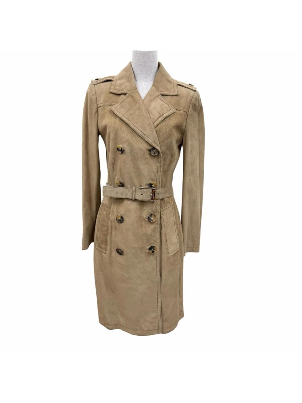 Gucci Bamboo Buckle Suede Leather Trench Coat Beige Garment 40